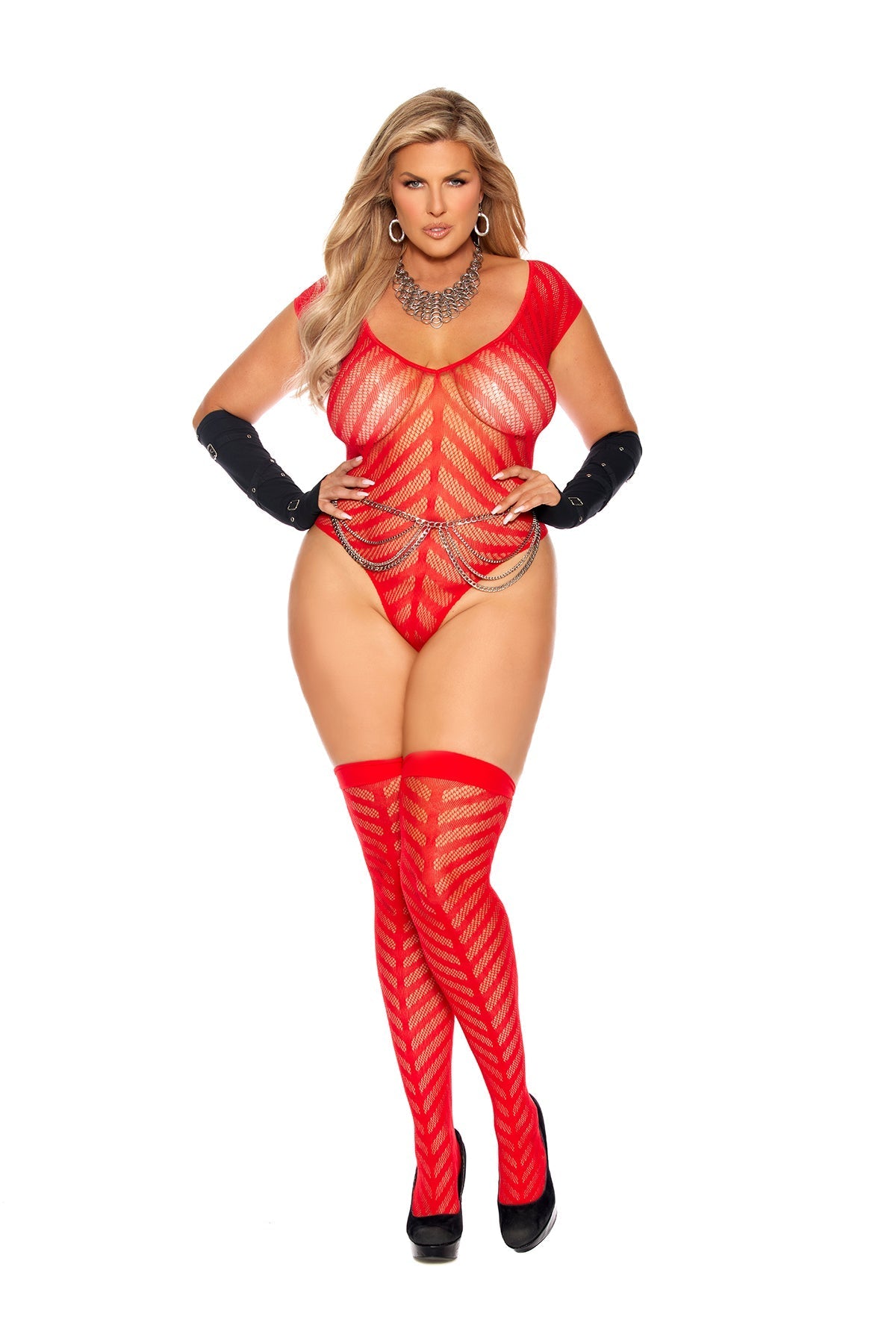 Elegant Moments EM12149Q Chevron Striped Crochet Deep V Teddy And Matching Stockings