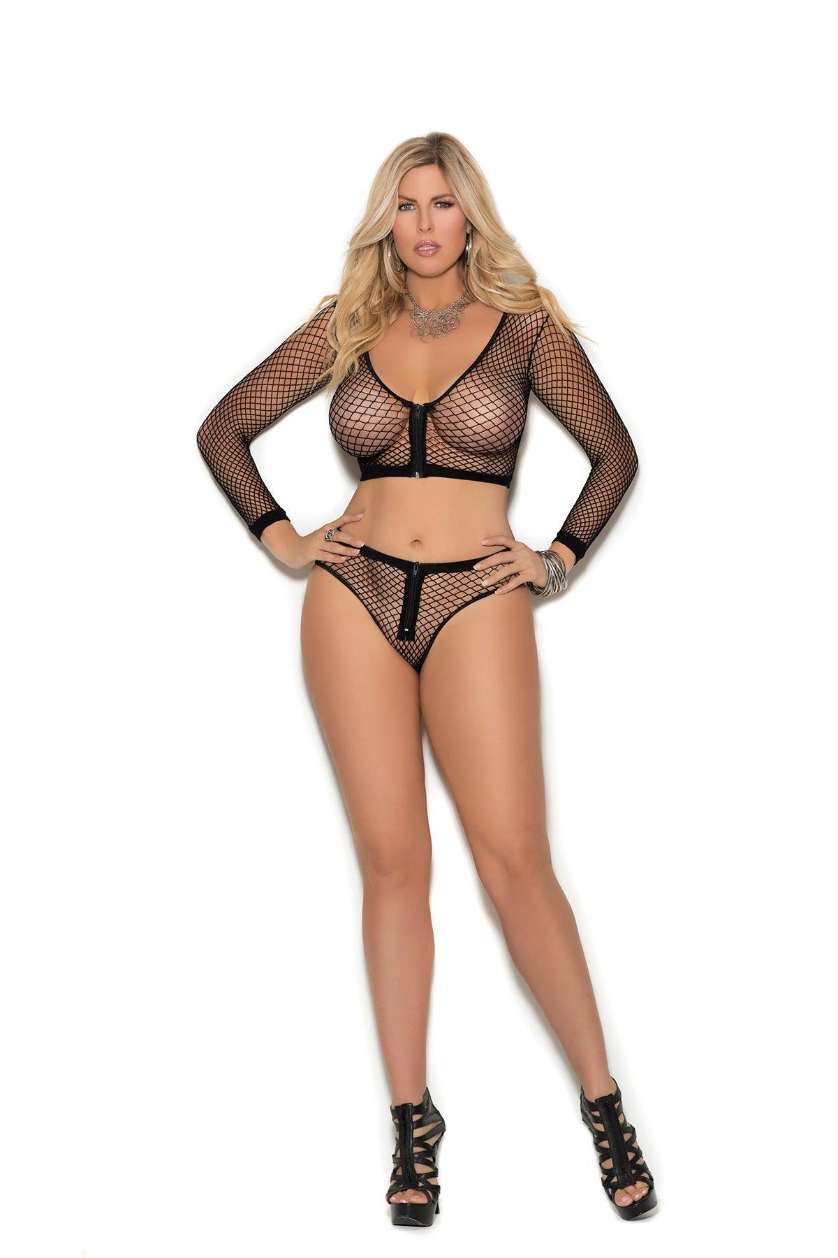 Elegant Moments Long Sleeve Fence Net Cami Top And Matching Booty Shorts Plus Size EM1335Q
