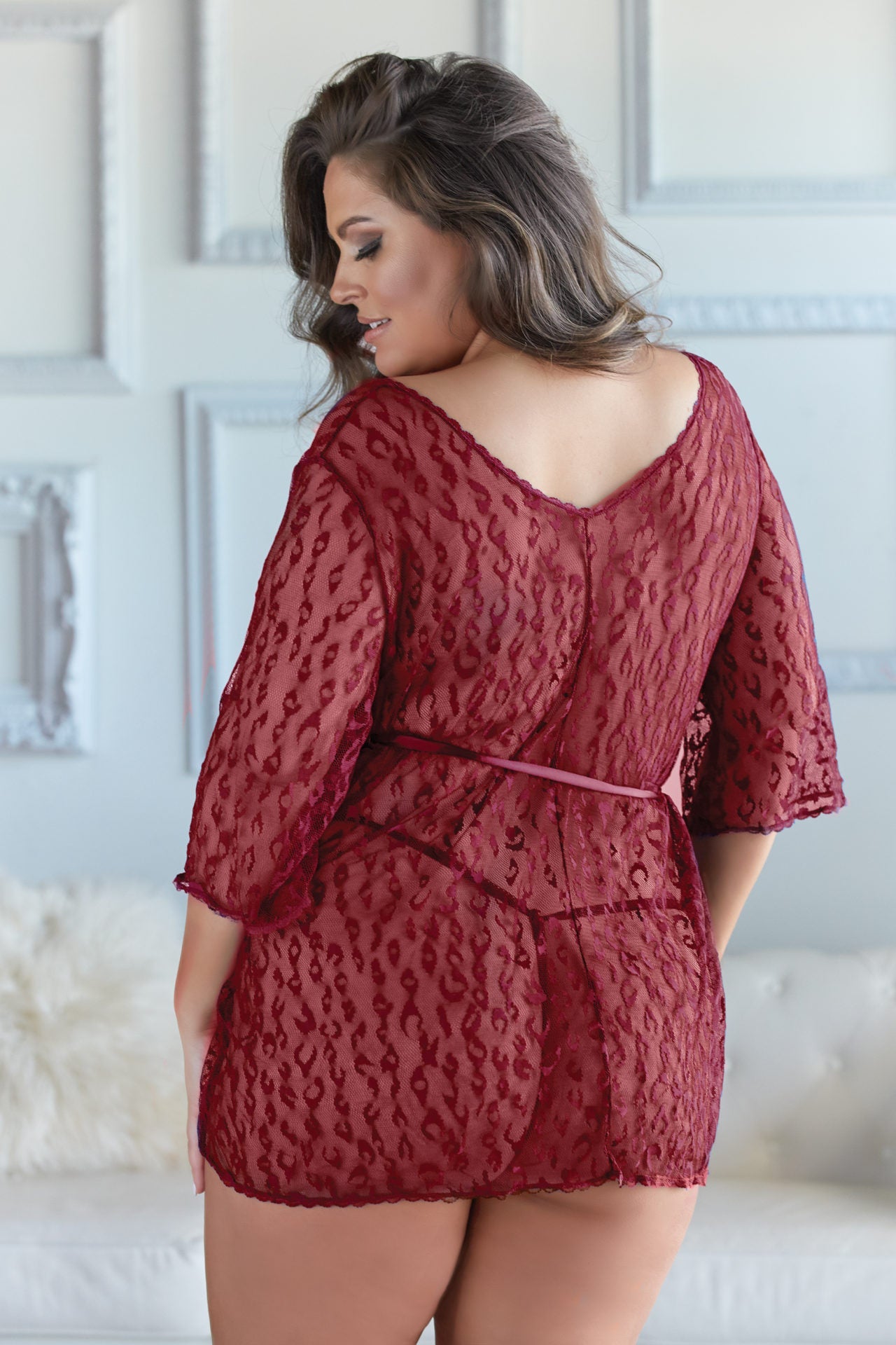 Allure 17-3703 Plus Size Valentina Leopard Lace Robe