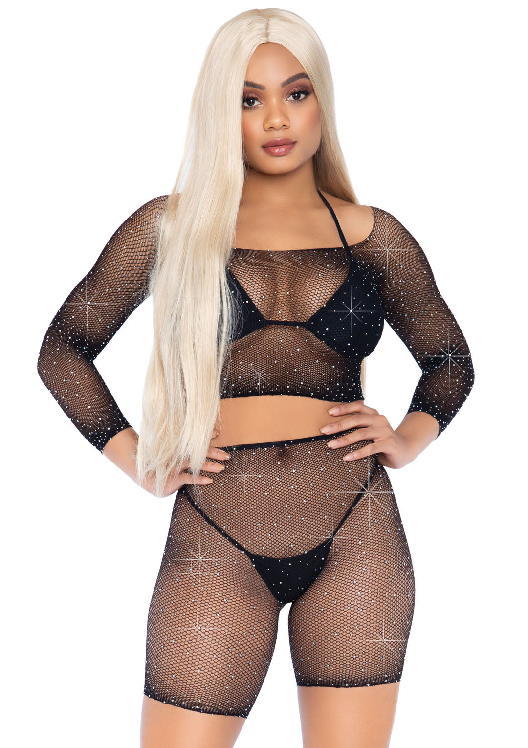 Leg Avenue Rhinestone Fishnet Crop Top and Shorts 81608