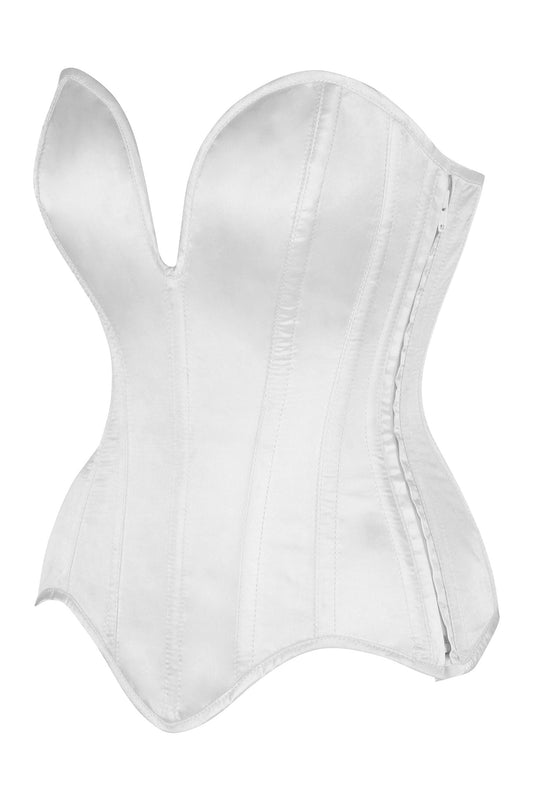 Daisy Steel Boned White Satin Plunge Neckline Overbust Corset