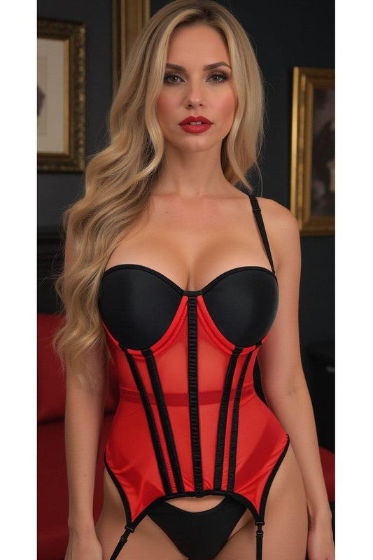 Daisy Corset Red/Black Mesh Underwire Bustier Corset w/Garters
