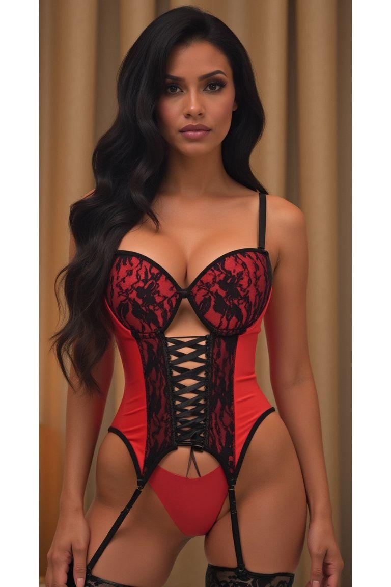 Daisy Corset Red/Black Lycra & Lace Hook & Eye Lace-Up Bustier Corset w/Garters