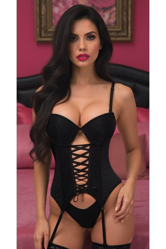 Daisy Corset Black Lycra & Lace Hook & Eye Lace-Up Bustier Corset w/Garters