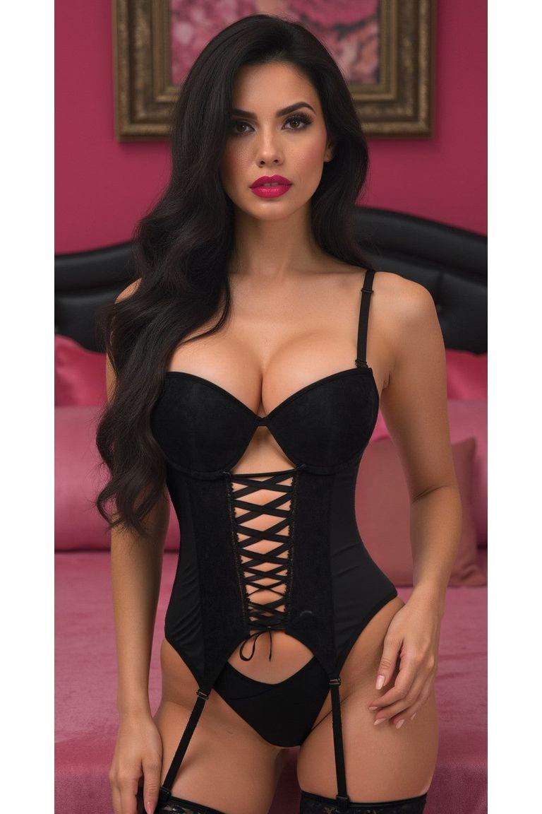 Daisy Corset Black Lycra & Lace Hook & Eye Lace-Up Bustier Corset w/Garters