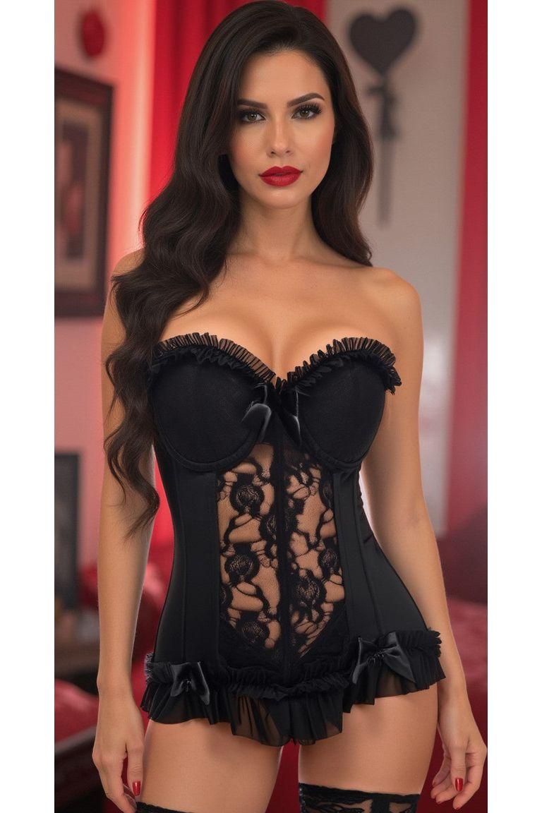 Daisy Corset Black Lycra & Lace Hook & Eye Stretch Bustier Corset