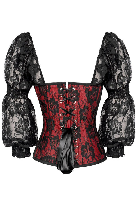 Daisy Red w/Black Lace Steel Boned Long Sleeve Corset