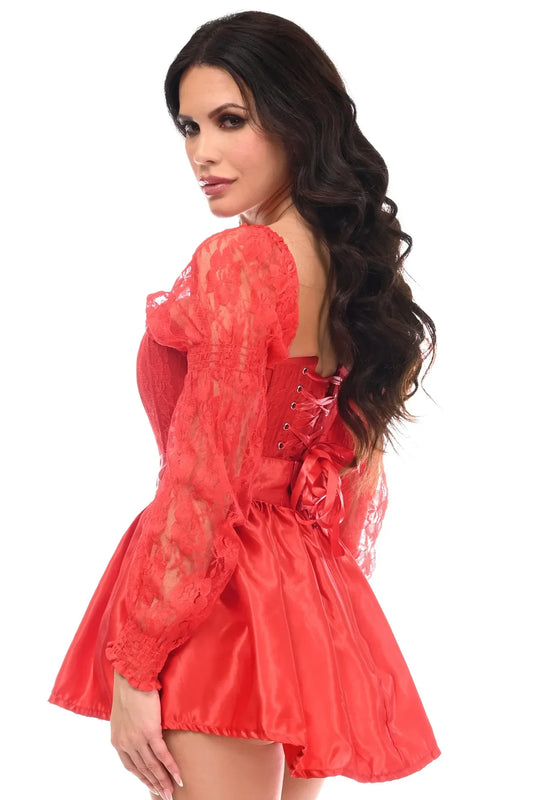 Daisy TD-077 Red w/Red Lace Steel Boned Long Sleeve Corset