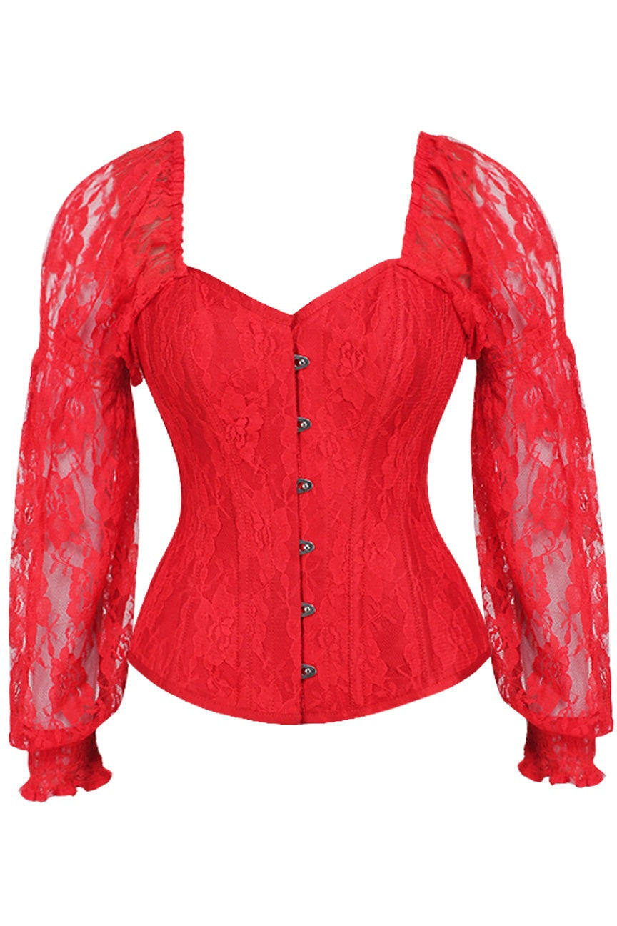 Daisy TD-077 Red w/Red Lace Steel Boned Long Sleeve Corset