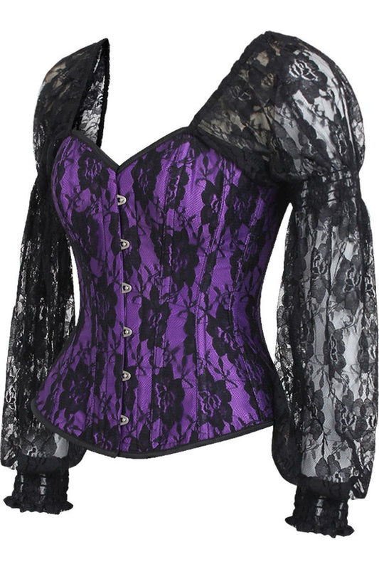 Daisy Purple w/Black Lace Steel Boned Long Sleeve Corset