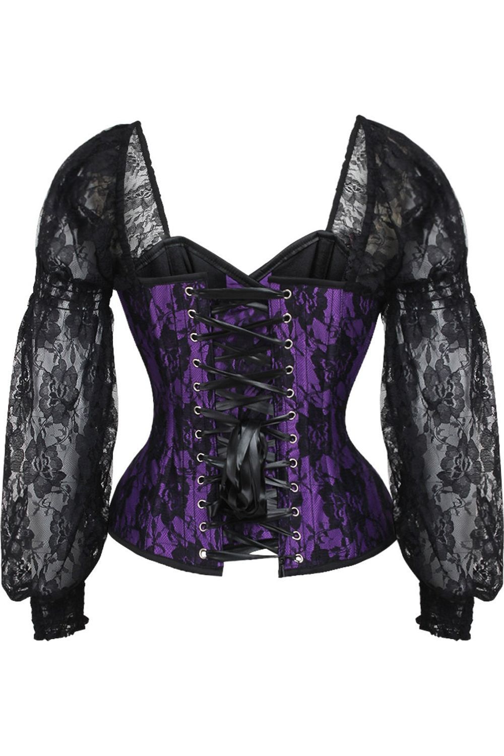 Daisy Purple w/Black Lace Steel Boned Long Sleeve Corset