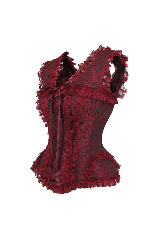 Daisy TD-123 Red/Black Brocade & Lace Steel Boned Corset w/Cap Sleeves