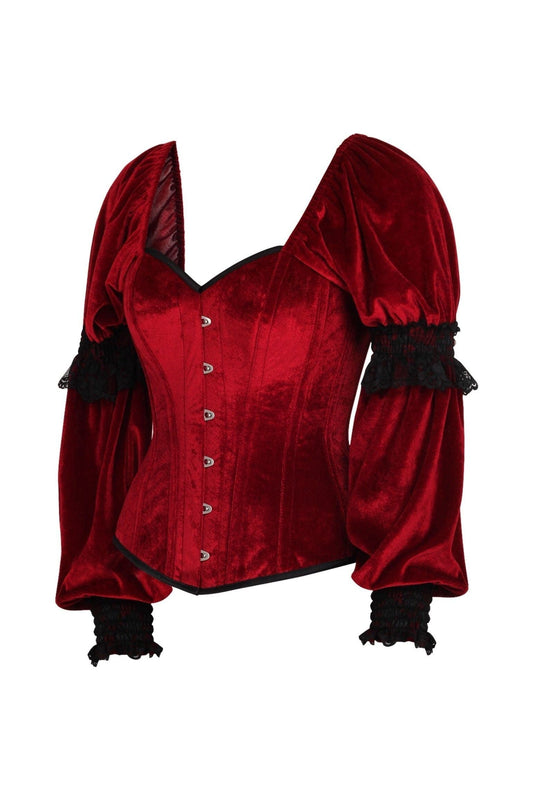 Daisy Dark Red Velvet Steel Boned Long Sleeve Corset