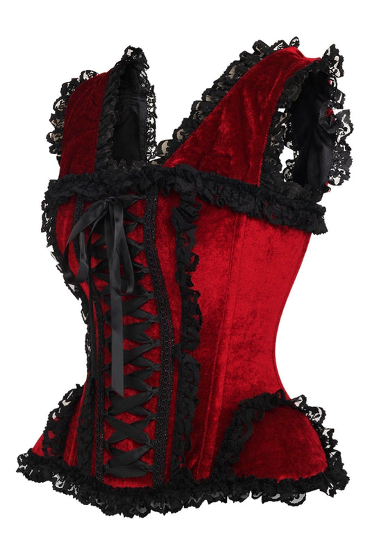 Daisy TD-183 Dark Red Velvet & Lace Steel Boned Corset w/Cap Sleeves