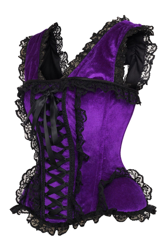 Daisy TD-184 Purple Velvet & Lace Steel Boned Corset w/Cap Sleeves