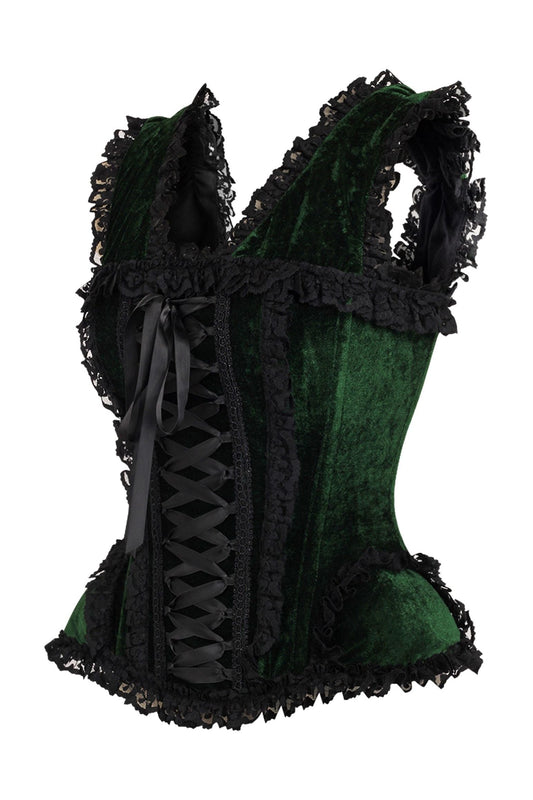 Daisy TD-186 Dark Green Velvet & Lace Steel Boned Corset w/Cap Sleeves