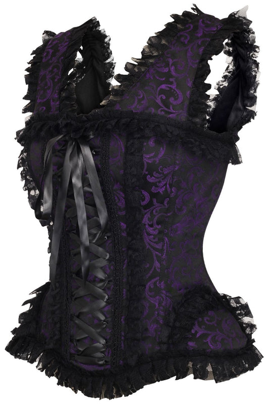 Daisy TD-194 Purple/Black Swirl Brocade & Lace Steel Boned Corset w/Cap Sleeves