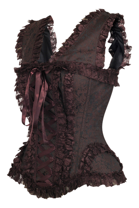 Daisy TD-211 Brown Swirl Brocade & Lace Steel Boned Corset w/Cap Sleeves