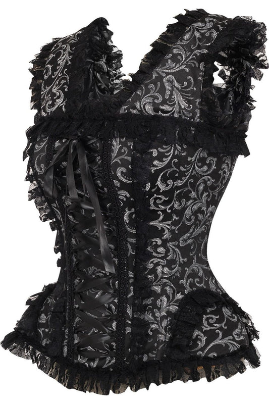 Daisy TD-212 Silver/Black Swirl Brocade & Lace Steel Boned Corset w/Cap Sleeves