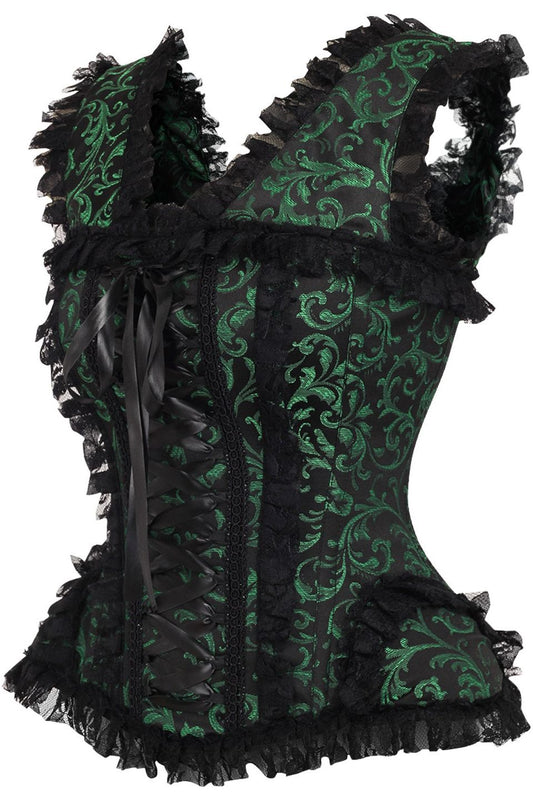 Daisy TD-213 Green/Black Swirl Brocade & Lace Steel Boned Corset w/Cap Sleeves