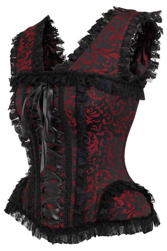 Daisy TD-214 Red/Black Swirl Brocade & Lace Steel Boned Corset w/Cap Sleeves