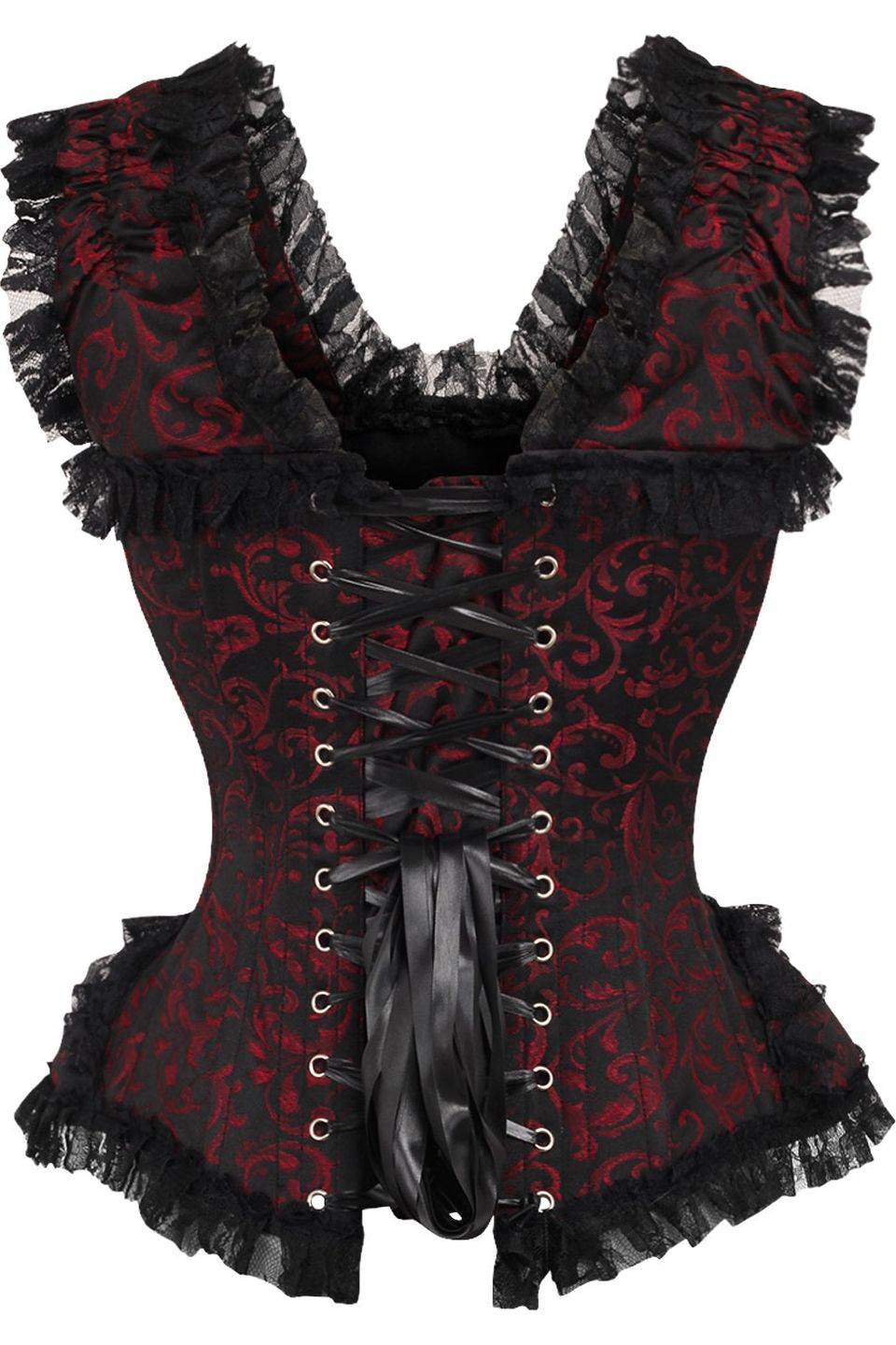 Daisy TD-214 Red/Black Swirl Brocade & Lace Steel Boned Corset w/Cap Sleeves