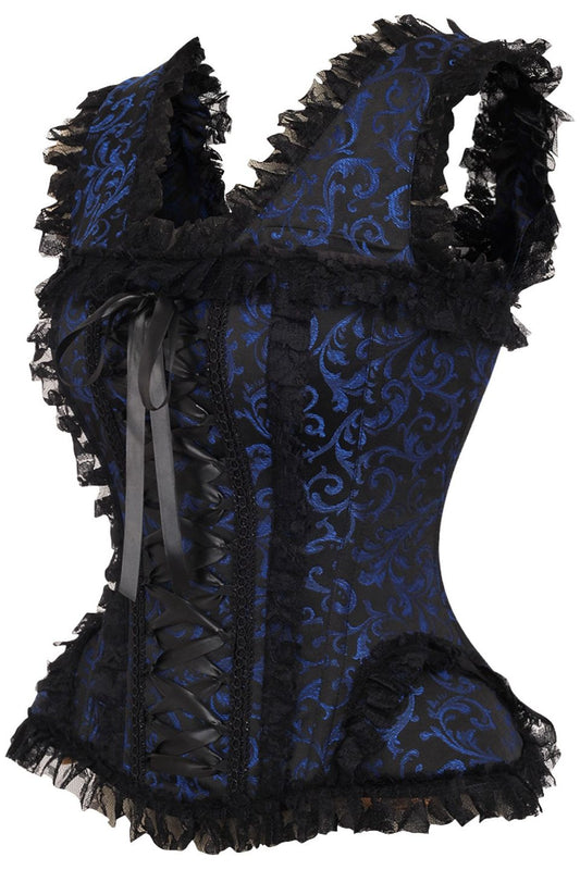 Daisy TD-217 Blue/Black Swirl Brocade & Lace Steel Boned Corset w/Cap Sleeves