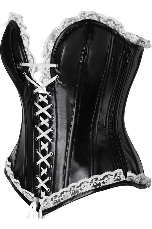 Daisy Black Faux Leather & White Lace Trim Steel Boned Corset