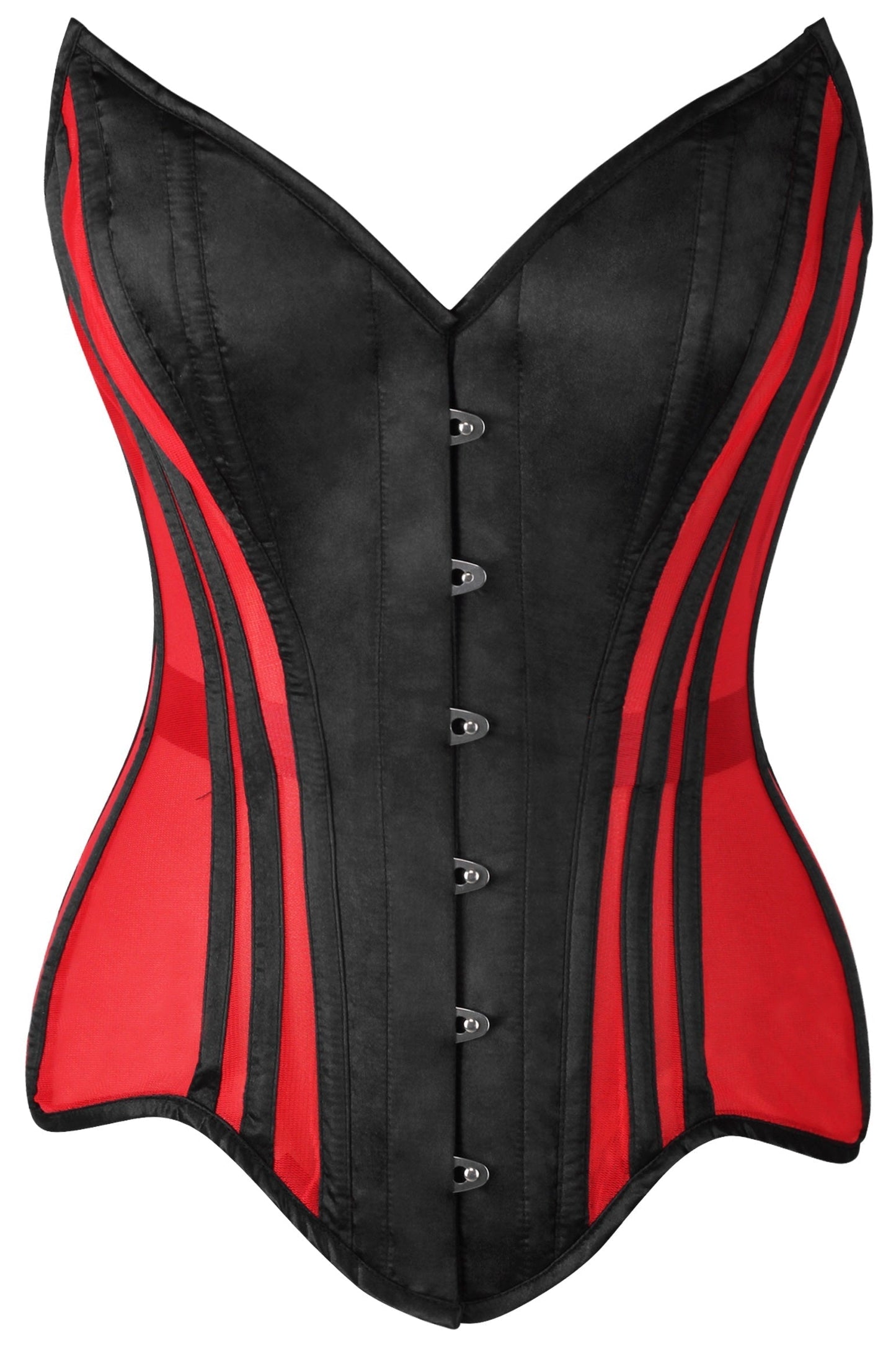 Daisy Red Mesh & Black Satin Steel Boned Overbust Corset