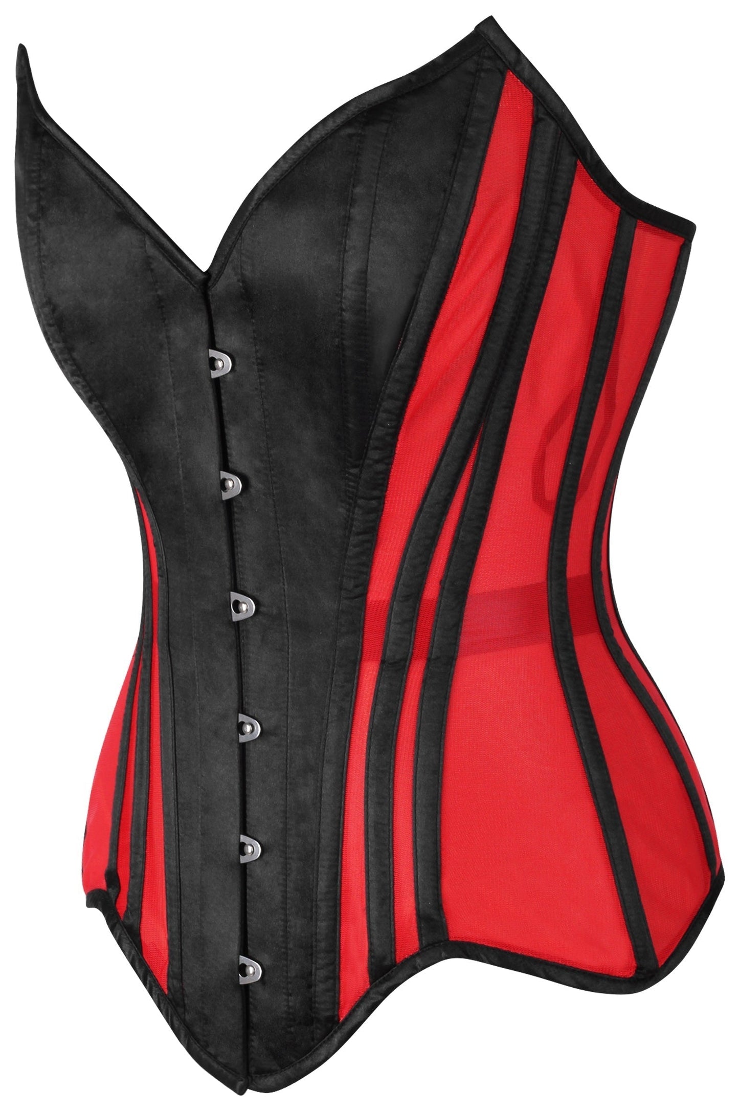 Daisy Red Mesh & Black Satin Steel Boned Overbust Corset