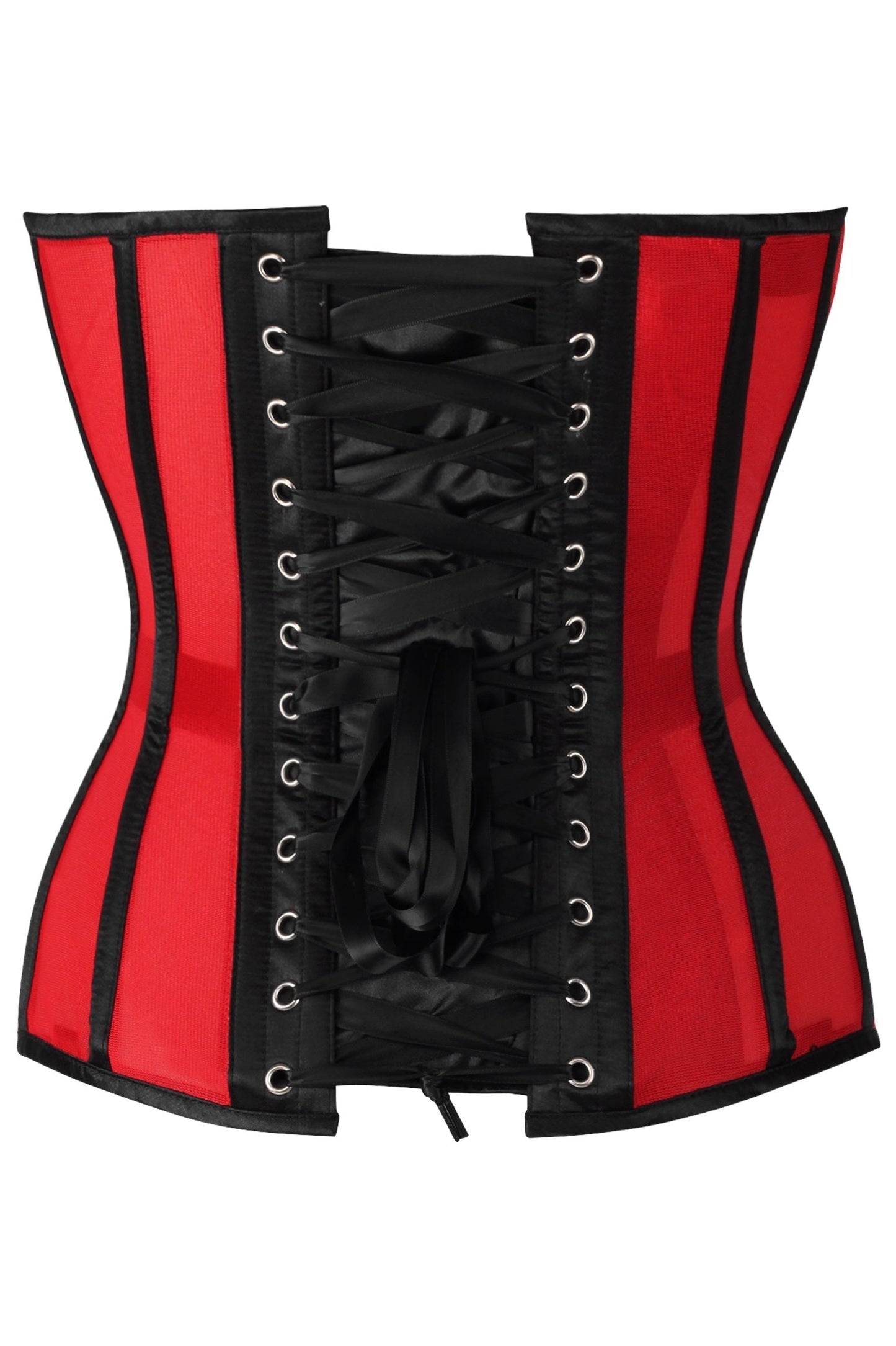 Daisy Red Mesh & Black Satin Steel Boned Overbust Corset