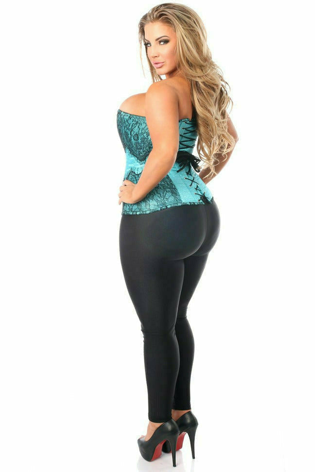 Daisy Teal Brocade Steel Boned Corset w/Black Eyelash Lace TD-296
