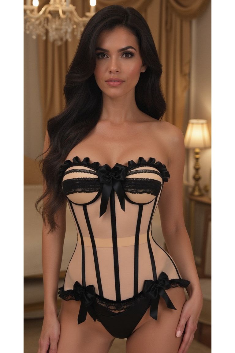 Daisy Corset Steel Boned Nude & Black Mesh Underwire Bustier Corset