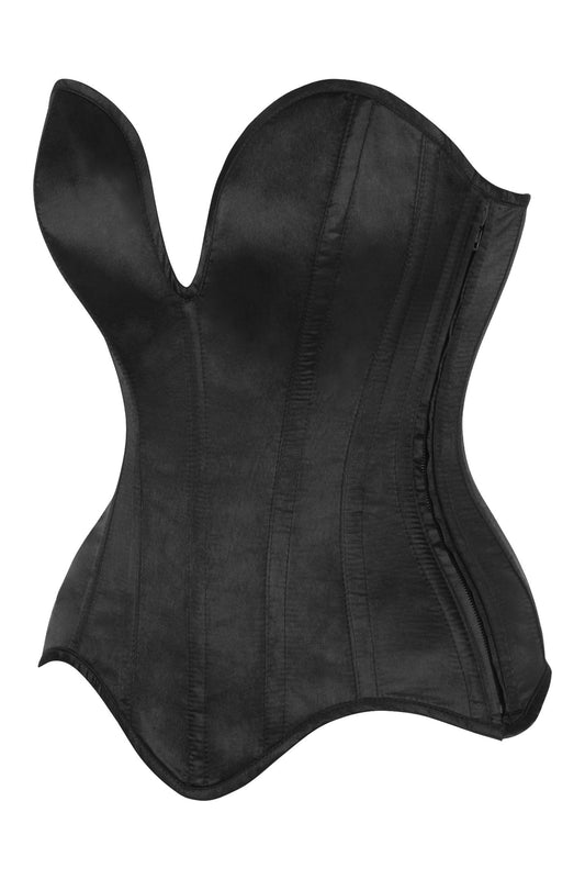 Daisy Steel Boned Black Satin Plunge Neckline Overbust Corset
