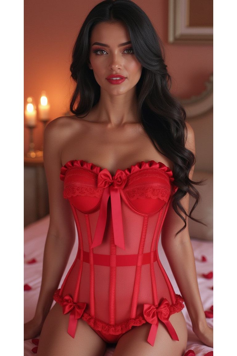 Daisy Corset Steel Boned Red Mesh Underwire Bustier Corset