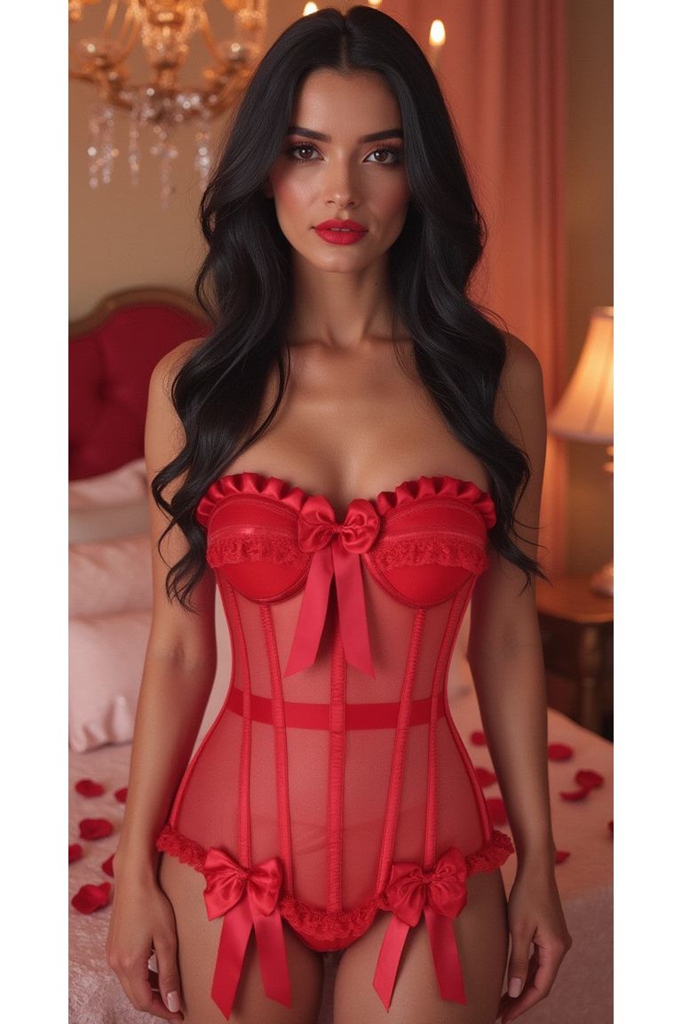 Daisy Corset Steel Boned Red Mesh Underwire Bustier Corset