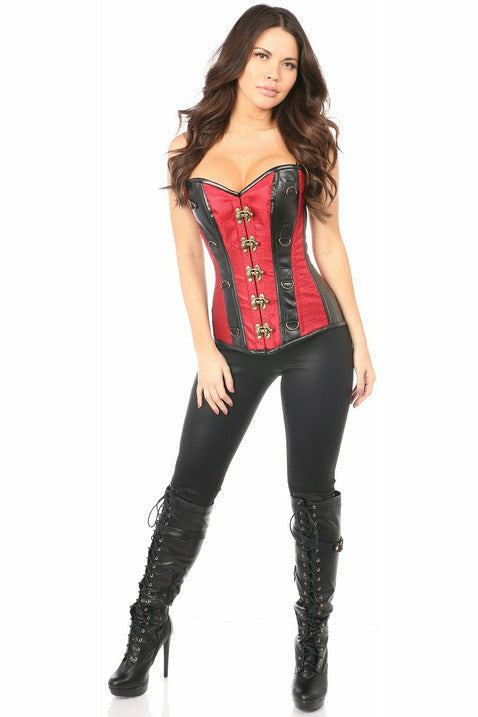 Daisy Wine Brocade & Faux Leather Steel Boned Corset TD-338