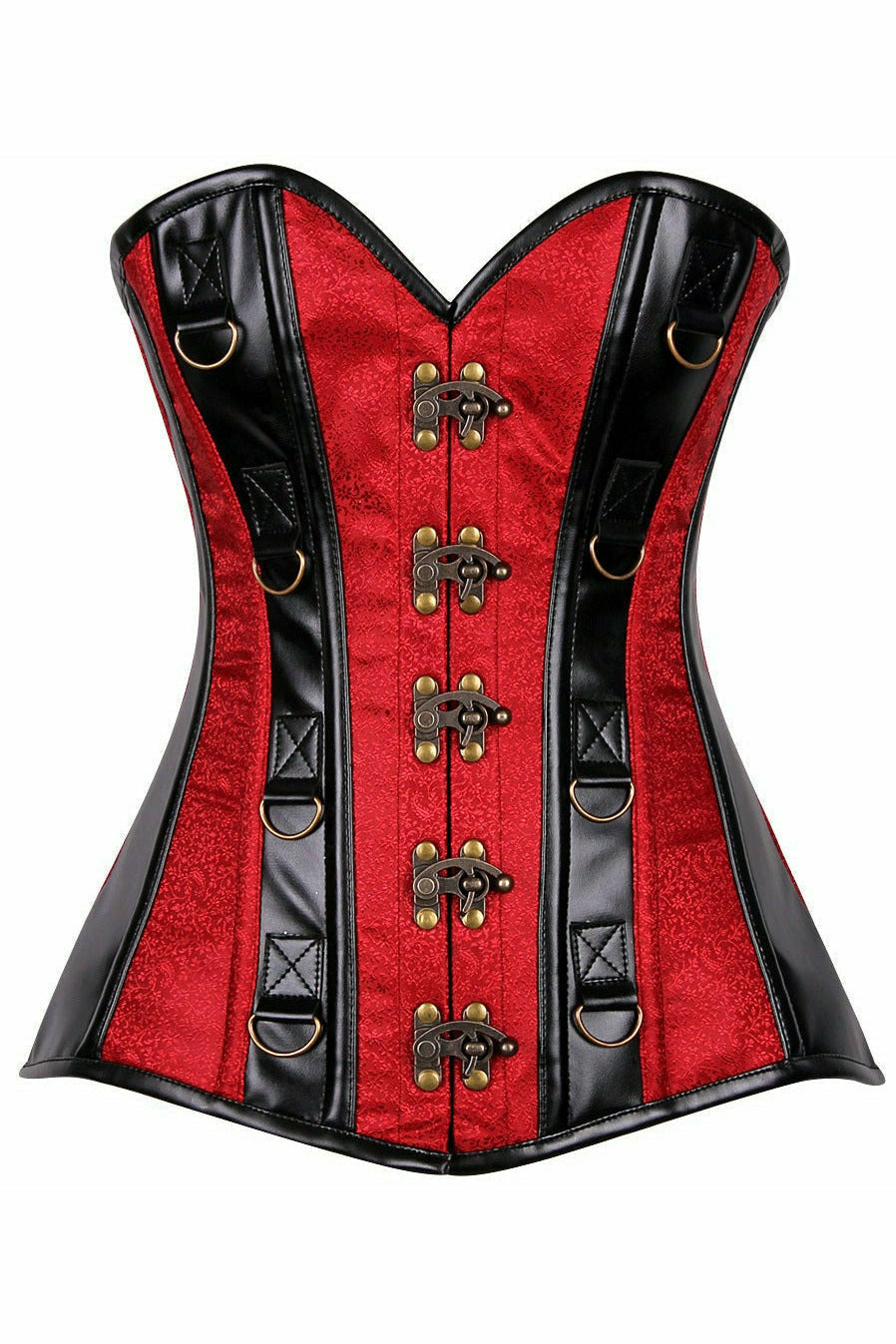 Daisy Wine Brocade & Faux Leather Steel Boned Corset TD-338