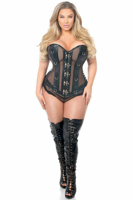 Daisy Faux Leather & Fishnet Steel Boned Corset TD-398