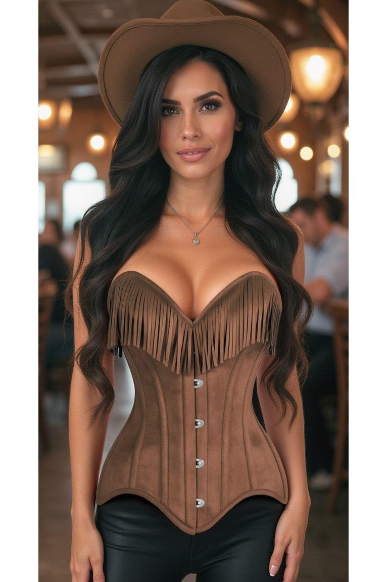 Daisy Corset Tan Suede Steel Boned Overbust Corset w/Fringe