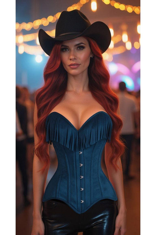 Daisy Corset Blue Suede Steel Boned Overbust Corset w/Fringe