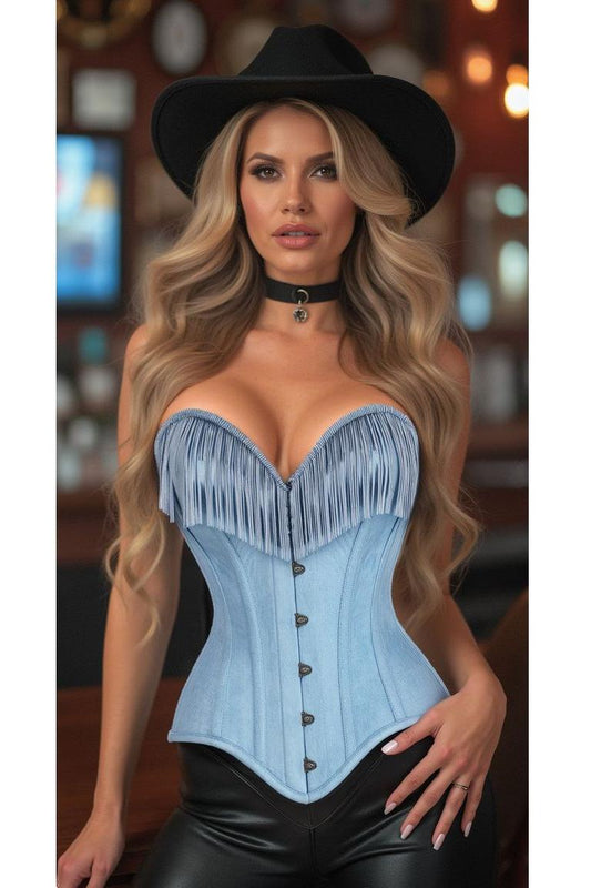 Daisy Corset Light Blue Denim Steel Boned Overbust Corset w/Fringe