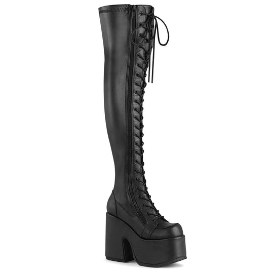Demonia Camel-300 Lace-Up Stretch Thigh-High Boot