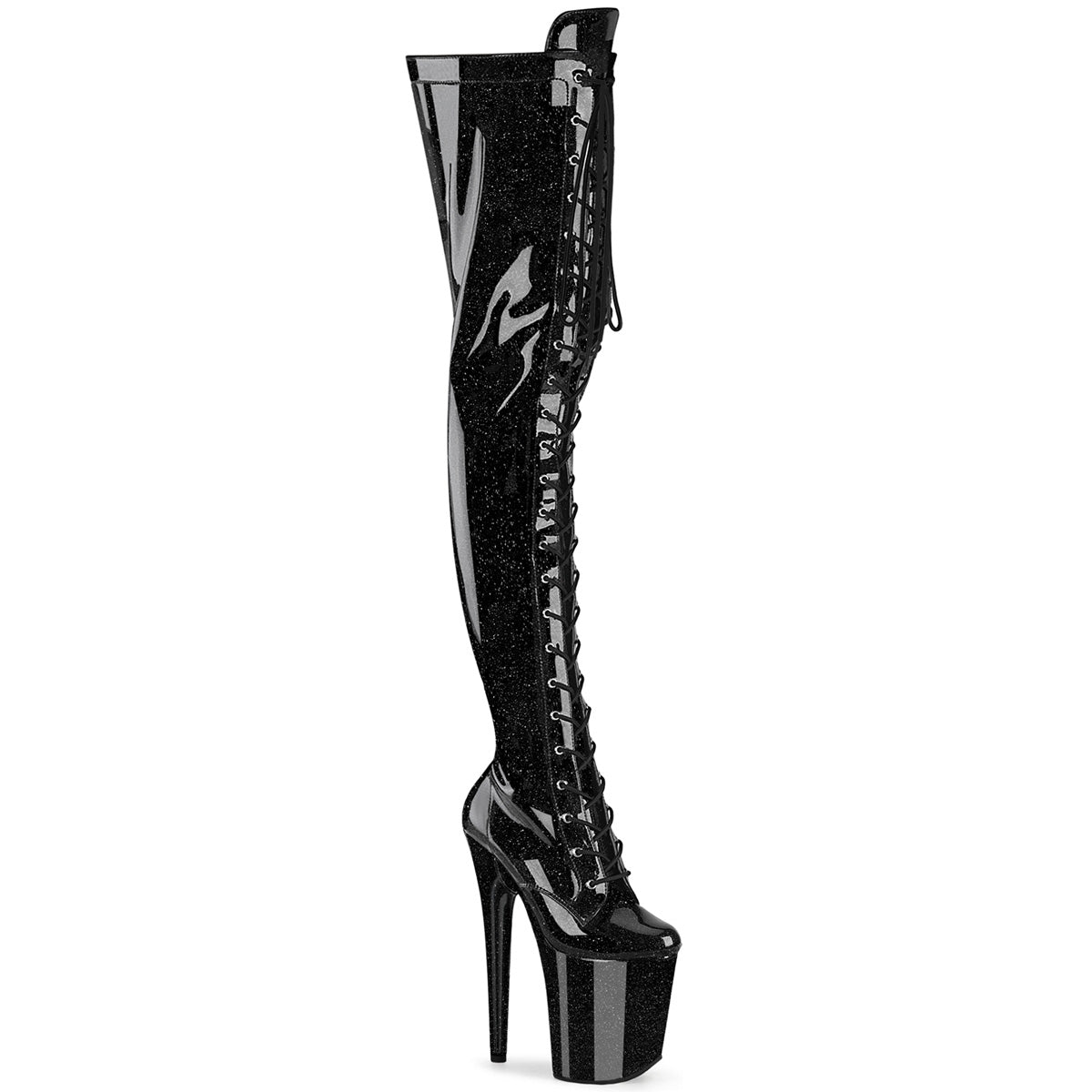 Pleaser Flamingo-3020GP Lace-Up Front Glittery Thigh High Boot