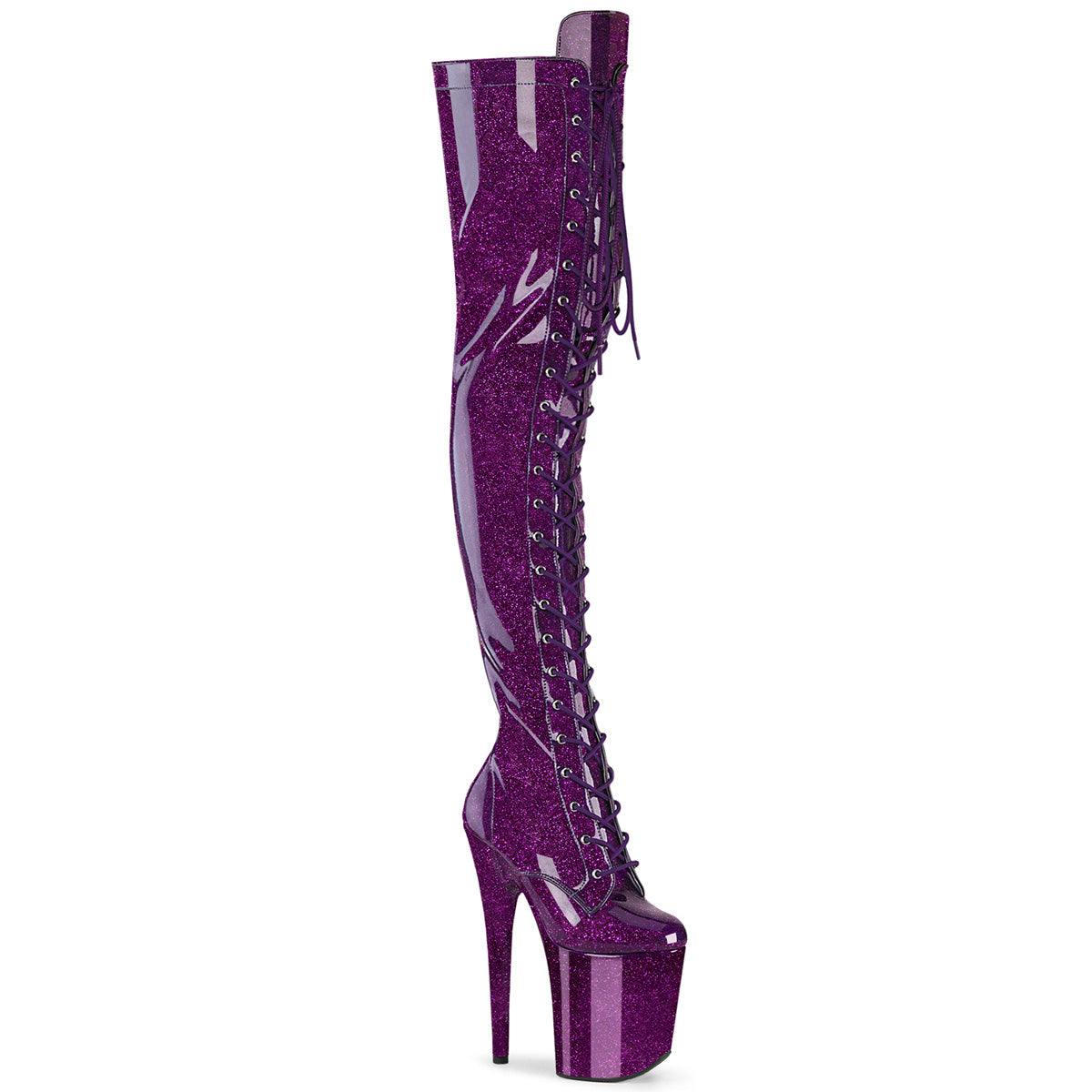 Pleaser Flamingo-3020GP Lace-Up Front Glittery Thigh High Boot