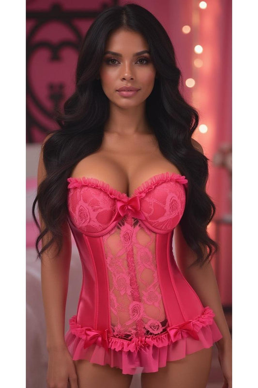 Lavish Fuchsia Lycra & Lace Hook & Eye Stretch Bustier Corset - Daisy Corsets