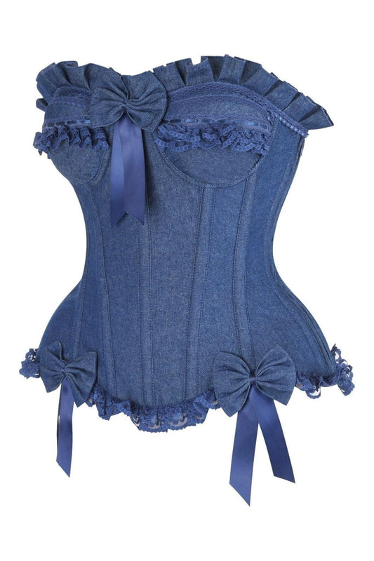 Top Drawer Dark Blue Denim Underwire Steel Boned Burlesque Corset w/Bows - Daisy Corsets