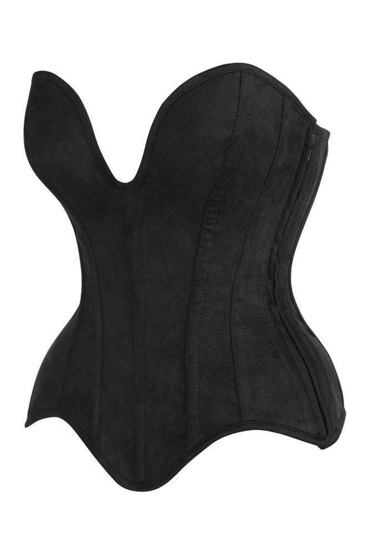 Daisy Steel Boned Black Suede Deep Plunge Overbust Corset Top