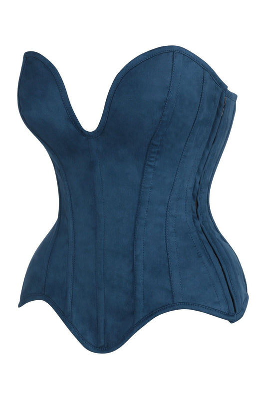Daisy Steel Boned Blue Suede Deep Plunge Overbust Corset Top