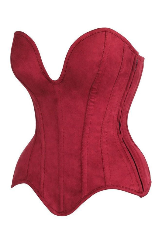 Daisy Steel Boned Red Suede Deep Plunge Overbust Corset Top